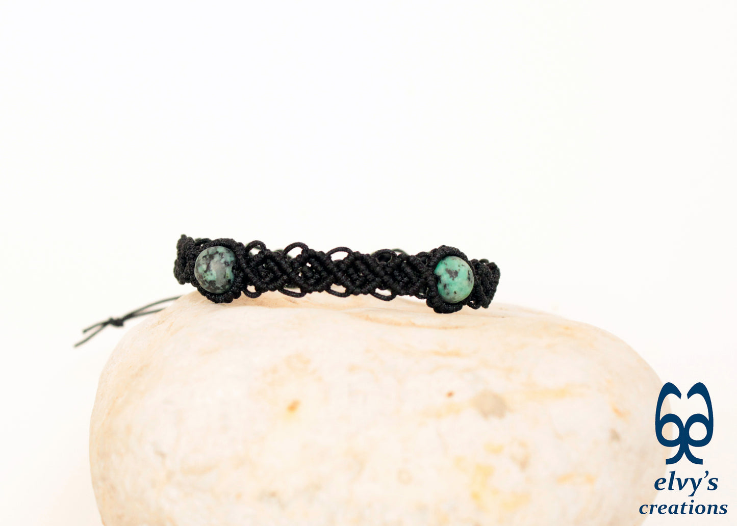 Black Macrame Cuff Bracelet With Turquoise Gemstones Beaded Adjustable Bracelet for Women