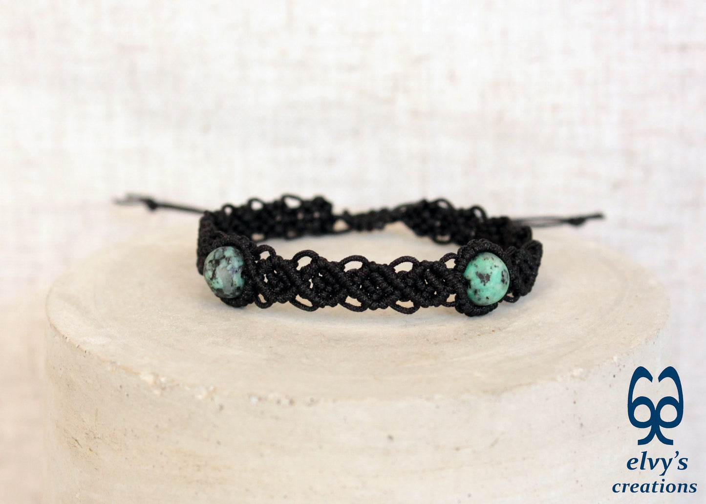 Black Macrame Cuff Bracelet With Turquoise Gemstones Beaded Adjustable Bracelet for Women