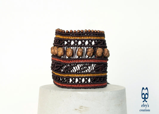 Brown Macrame Cuff Bracelet with Bronze Hematite Beads and Buddha Head Shaped Beads