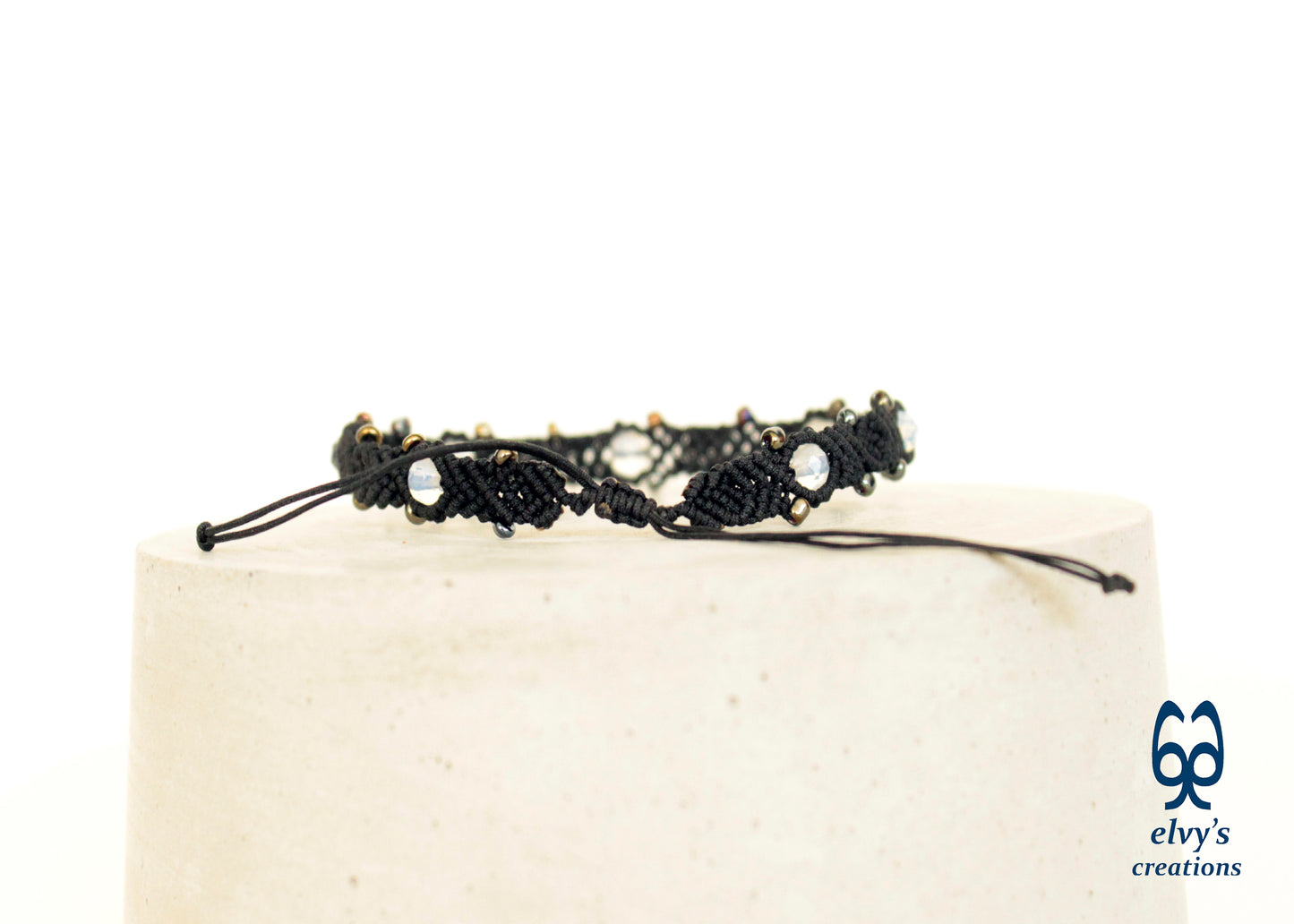 Black Macrame Moonstone Beaded Handmade Bracelet for Women - ElvysCreations