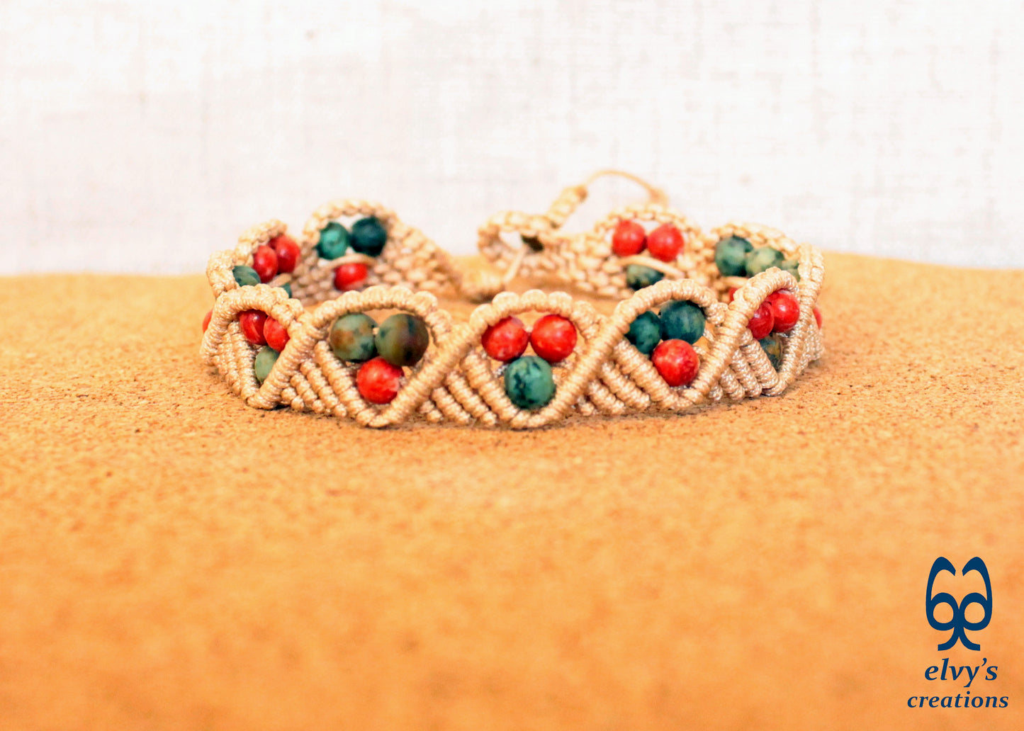 Turquoise Macrame Bracelet, Gemstone Beaded Cuff, Unique Birthday Gift for Women