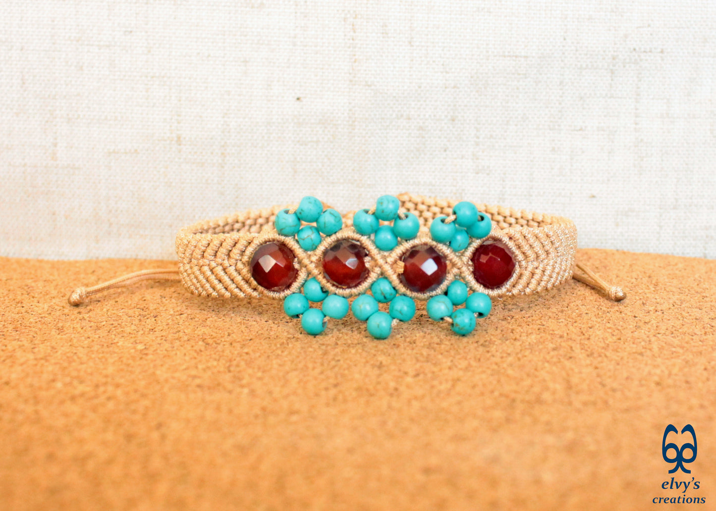 Turquoise Macrame Bracelet, Gemstone Beaded Cuff, Unique Birthday Gift for Women or Men