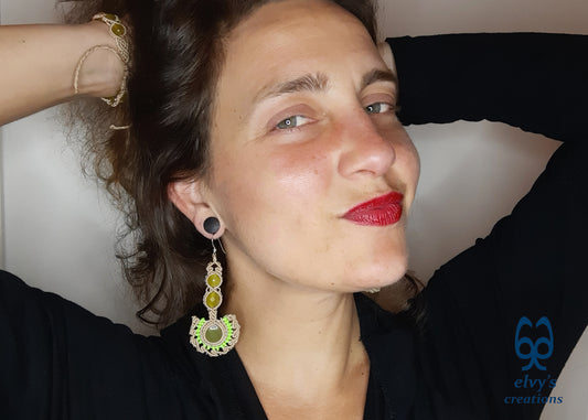 Beige Handmade Macrame Earrings with Green Jade Gemstones