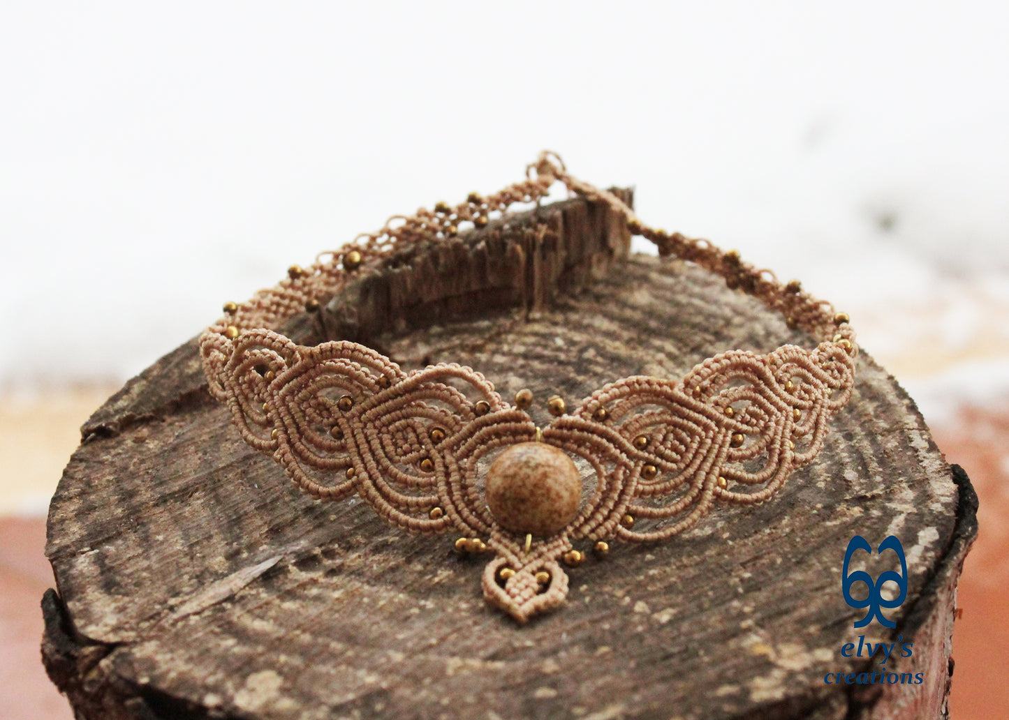 Beige Macrame Choker Necklace with Hematite and Agate Gemstones