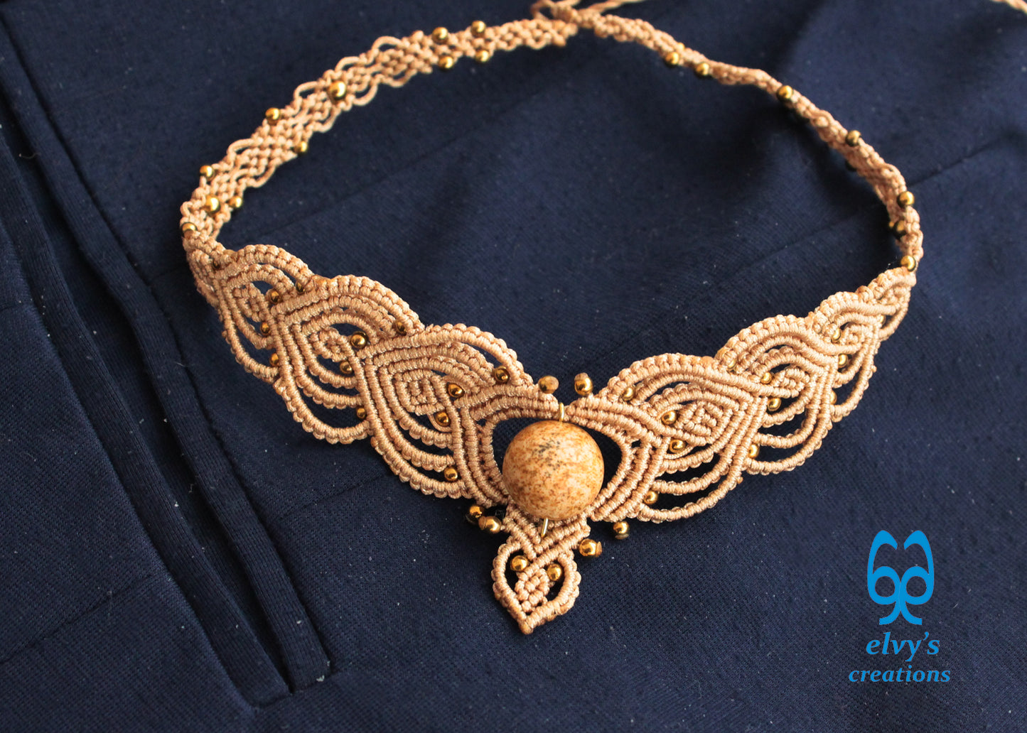Beige Macrame Choker Necklace with Hematite and Agate Gemstones