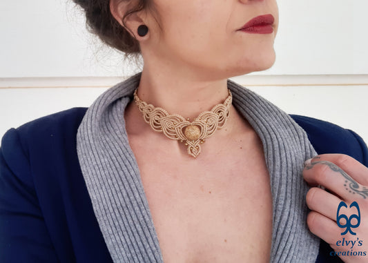 Beige Macrame Choker Necklace with Hematite and Agate Gemstones Lace Choker Necklace