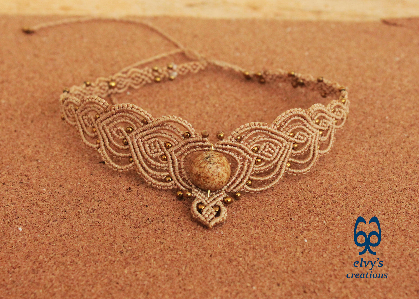 Beige Macrame Choker Necklace with Hematite and Agate Gemstones
