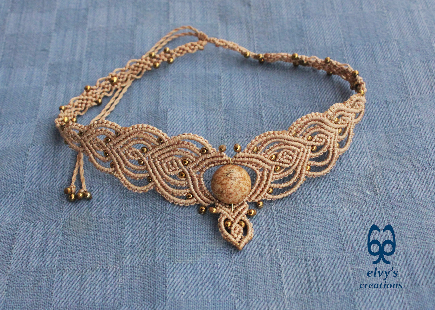 Beige Macrame Choker Necklace with Hematite and Agate Gemstones