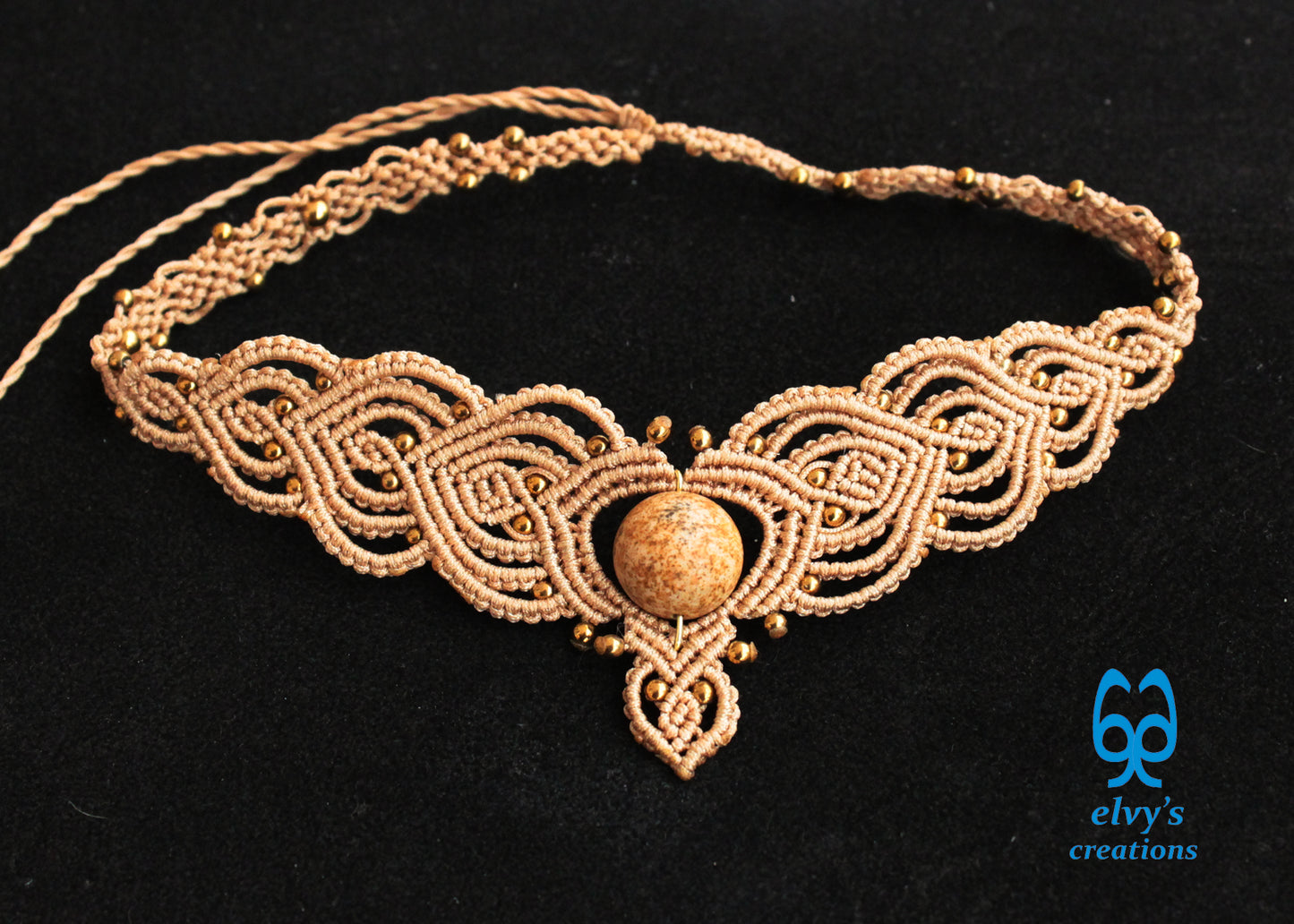 Beige Macrame Choker Necklace with Hematite and Agate Gemstones