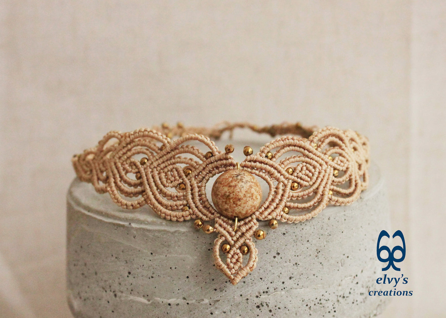 Beige Macrame Choker Necklace with Hematite and Agate Gemstones