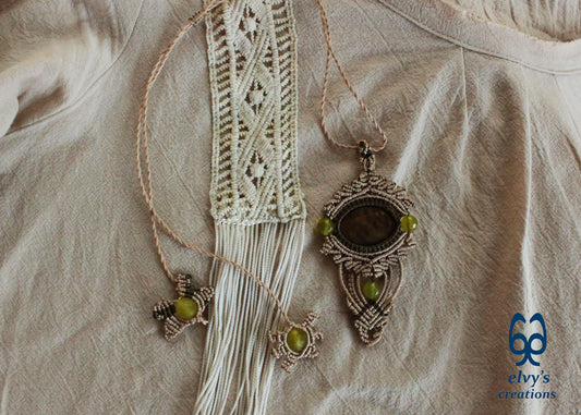 Beige Macrame Necklace with Jasper Gemstones Green Macrame Pendant Macrame Jasper Stone, Μπεζ Μακραμέ Κολιέ με Πρασινες Πετρες Κρυστάλλους  Ίασπις