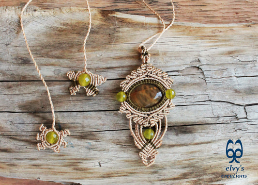 Beige Macrame Necklace with Jasper Gemstones Green Macrame Pendant Macrame Jasper Stone, Μπεζ Μακραμέ Κολιέ με Πρασινες Πετρες Κρυστάλλους  Ίασπις