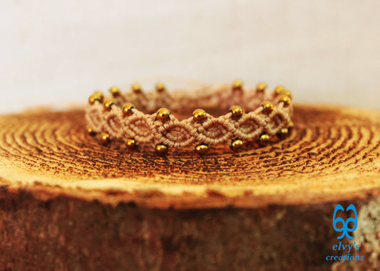Beige Macrame Adjustable Bracelet with Gold Hematite Gemstone Beads