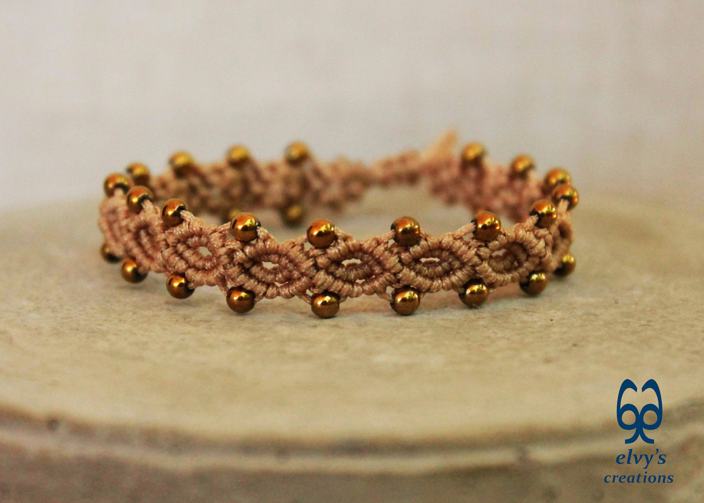 Beige Macrame Adjustable Bracelet with Gold Hematite Gemstone Beads