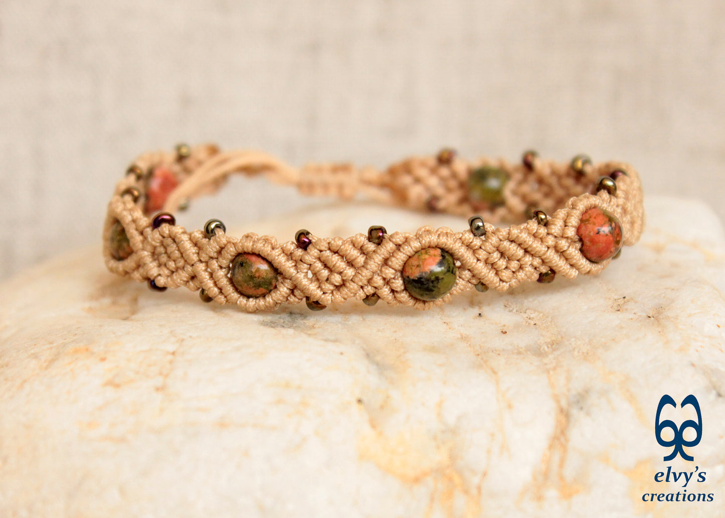 Beige Macrame Green Jasper Natural Gemstones Boho Beaded Bracelet for Women
