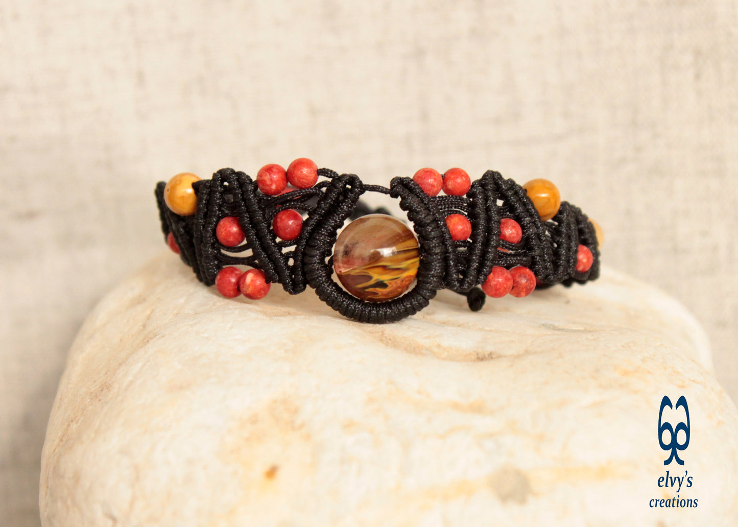 Red Yellow and Black Macrame Beaded Cuff Adjustable Bracelet with Corals, Agate and Crystal for Women 'Big Wave' Bracelet