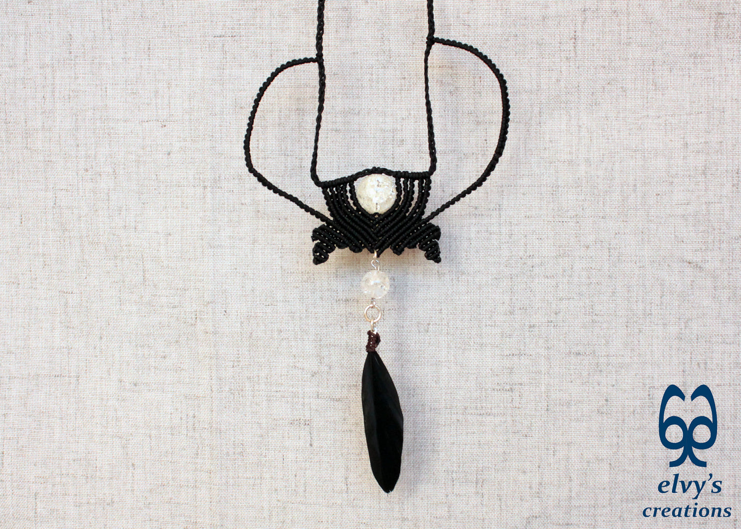 Black Macrame Necklace with Crystal Quartz Gemstone and Black Feather Black Festival Woven Beaded Necklace Gift for Her