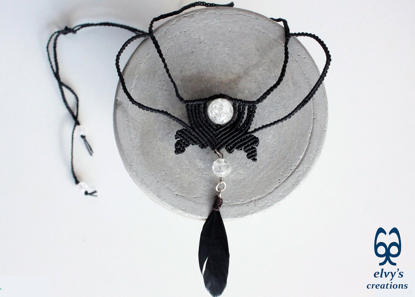 Black Macrame Necklace with Crystal Quartz Gemstone and Black Feather Black Festival Woven Beaded Necklace Gift for Her
