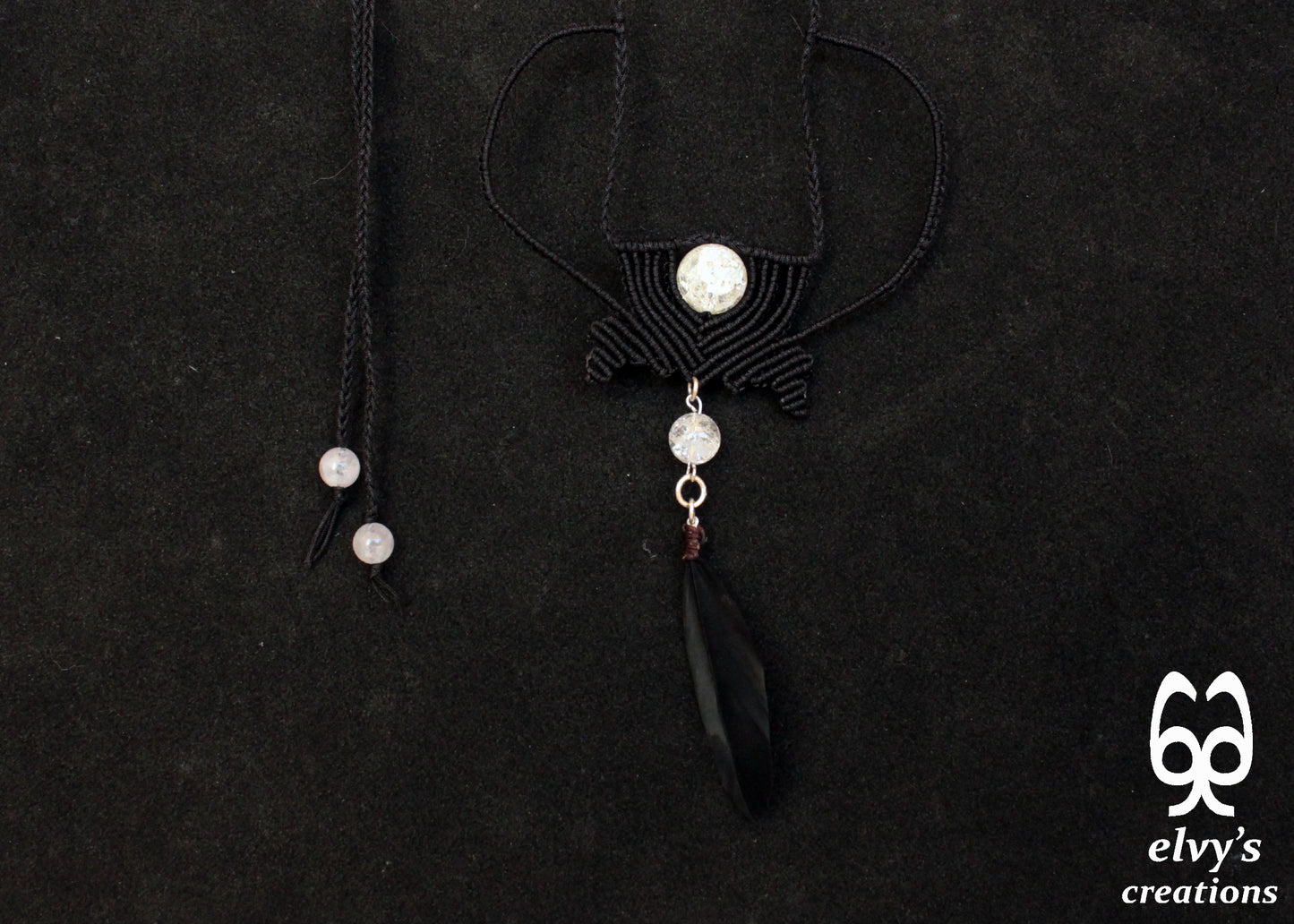 Black Macrame Necklace with Crystal Quartz Gemstone and Black Feather Black Festival Woven Beaded Necklace Gift for Her