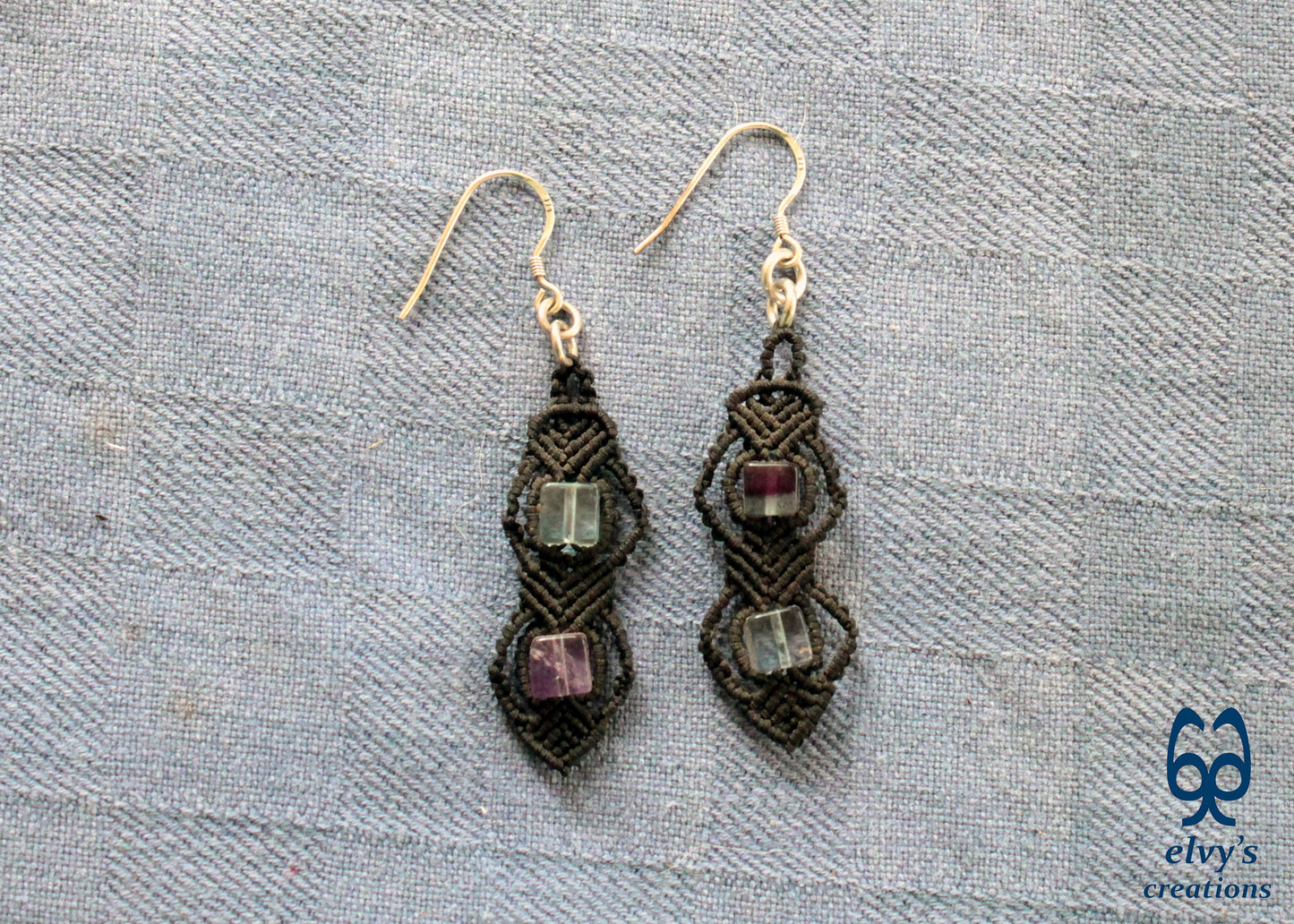 Handmade Silver Macrame Earrings,Fluorite Gemstone Beaded Earrings,Birthday Gift for Women