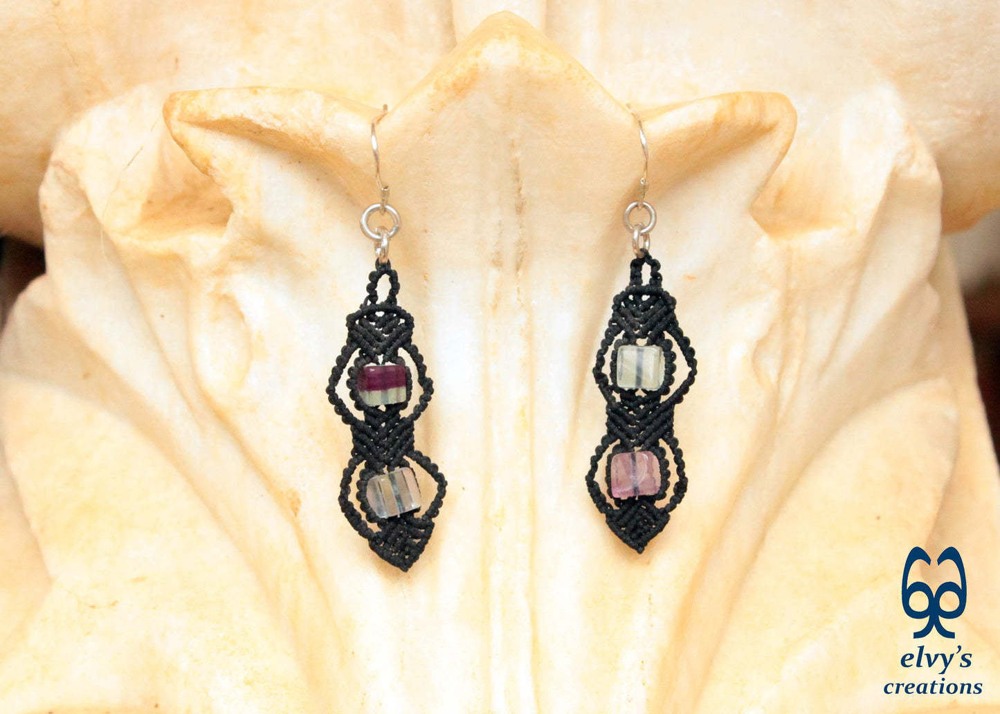 Handmade Silver Macrame Earrings,Fluorite Gemstone Beaded Earrings,Birthday Gift for Women