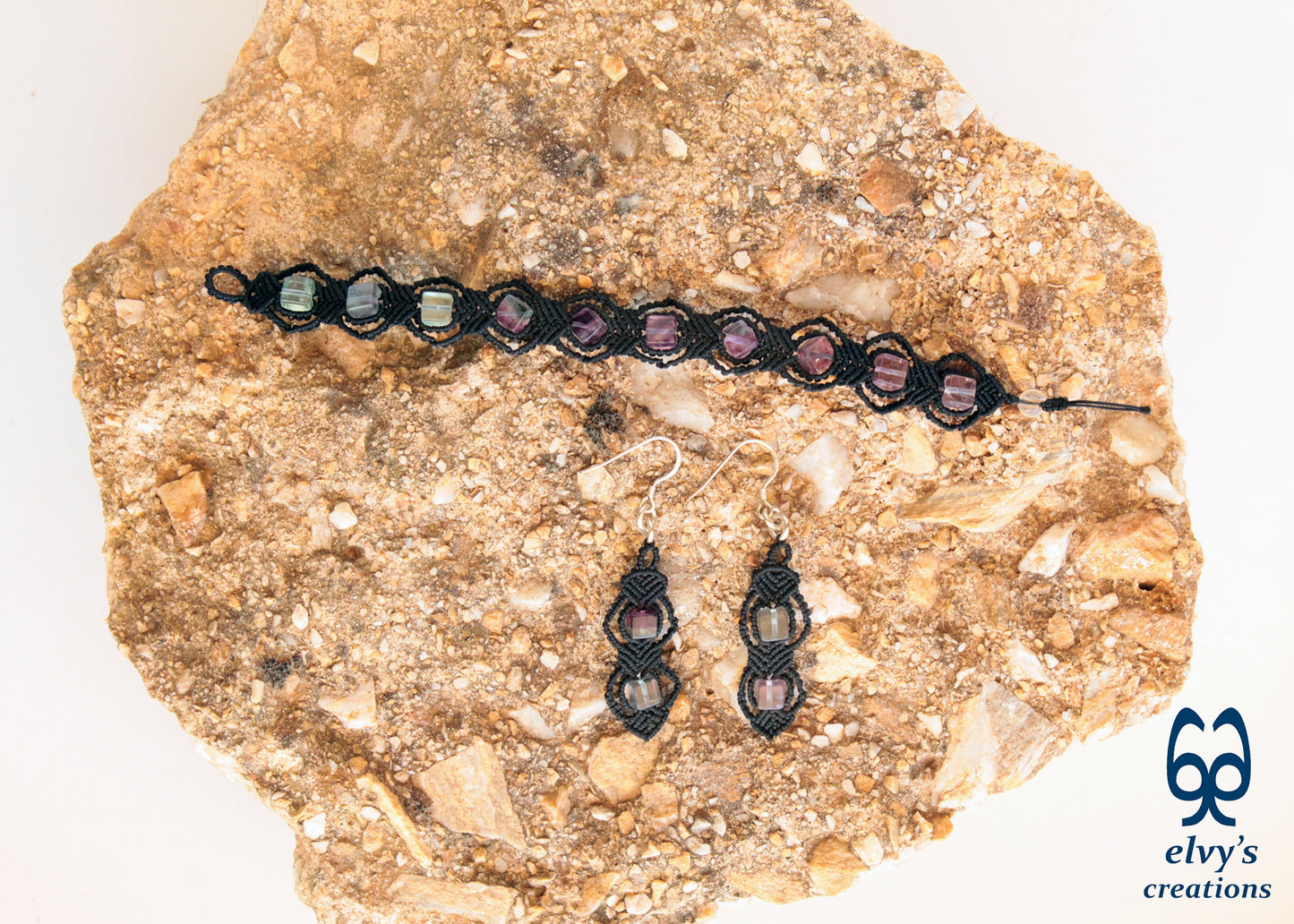 Handmade Silver Macrame Earrings,Fluorite Gemstone Beaded Earrings,Birthday Gift for Women
