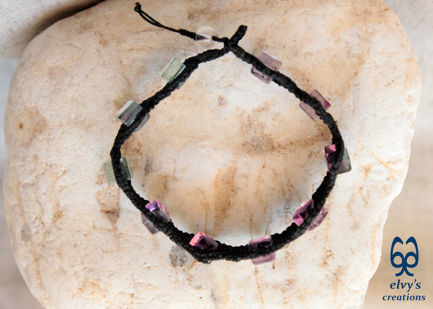Black Macrame Bracelet with Fluorite and Crystal Quartz Gemstones Handmade Macrame Jewelry