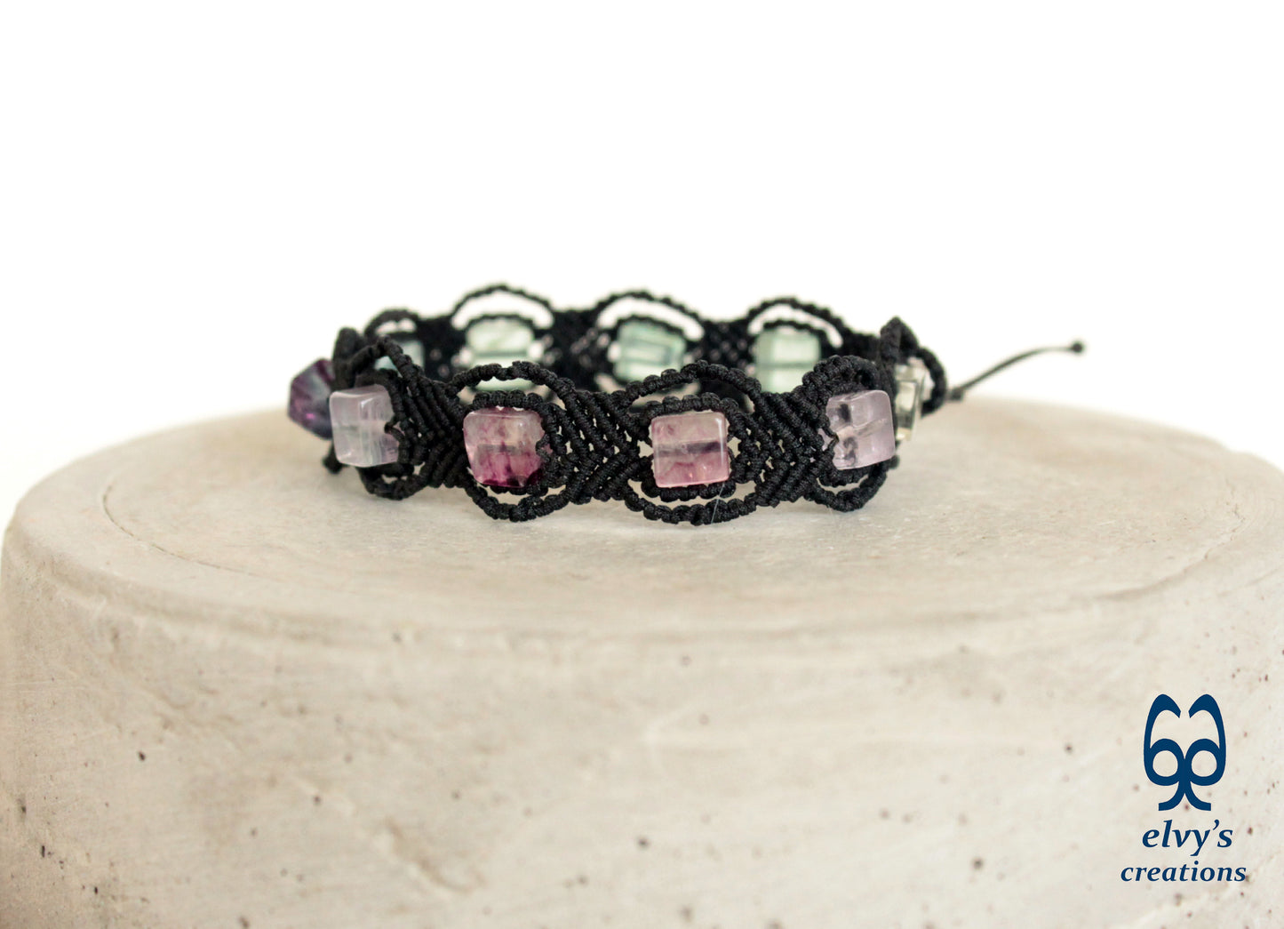 Black Macrame Bracelet with Fluorite and Crystal Quartz Gemstones Handmade Macrame Jewelry