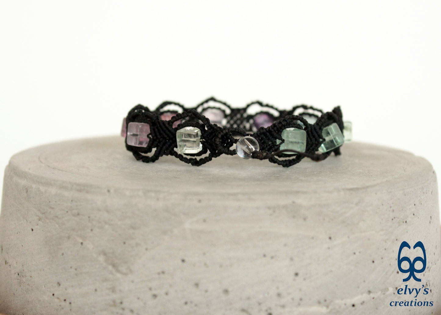 Black Macrame Bracelet with Fluorite and Crystal Quartz Gemstones Handmade Macrame Jewelry