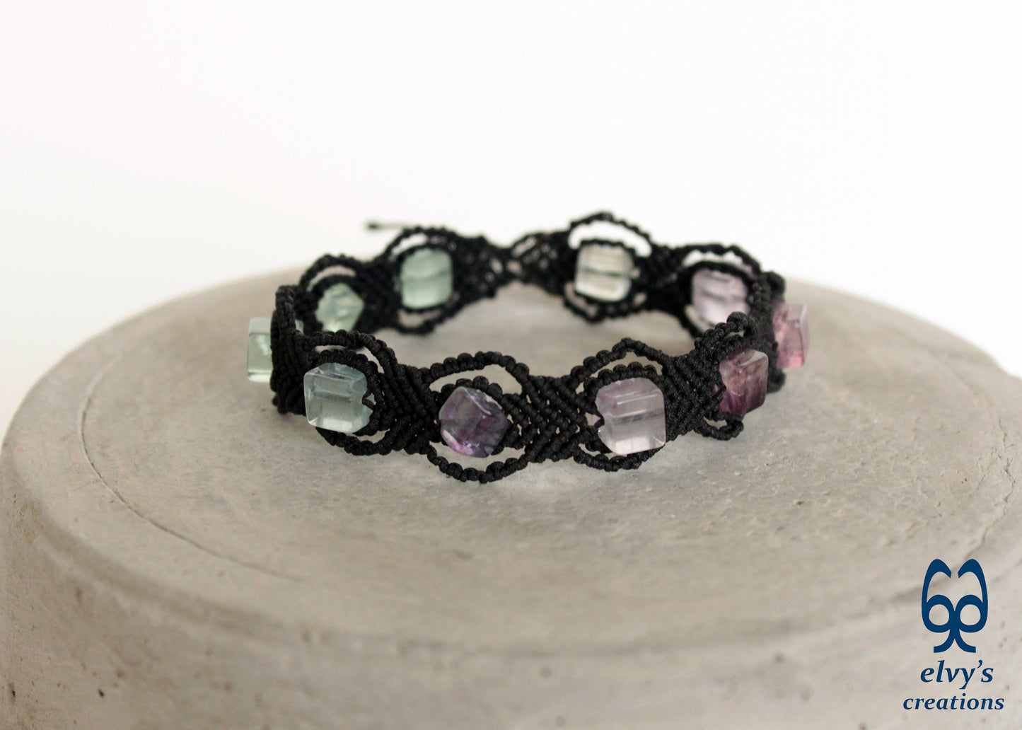 Black Macrame Bracelet with Fluorite and Crystal Quartz Gemstones Handmade Macrame Jewelry