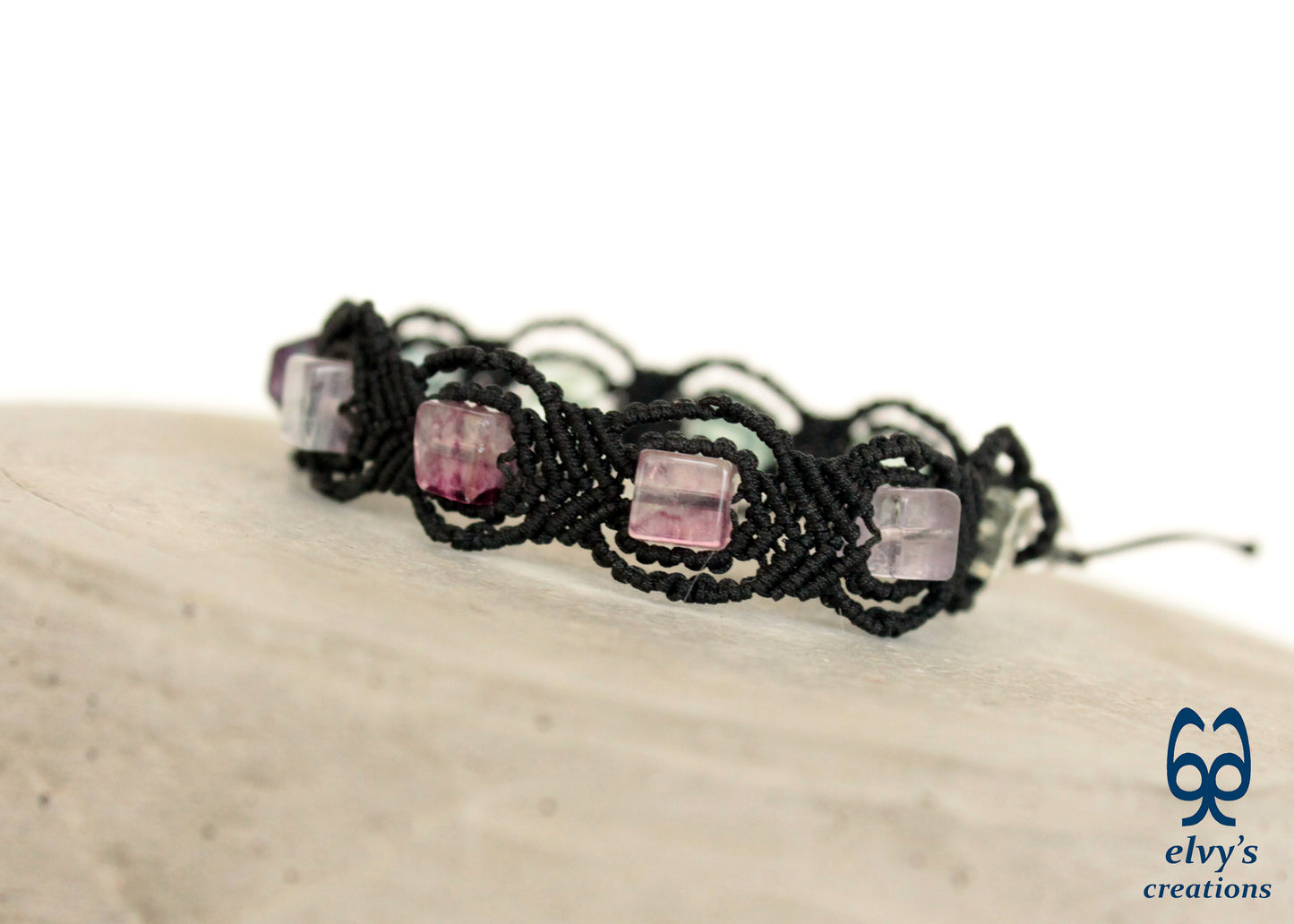 Black Macrame Bracelet with Fluorite and Crystal Quartz Gemstones Handmade Macrame Jewelry