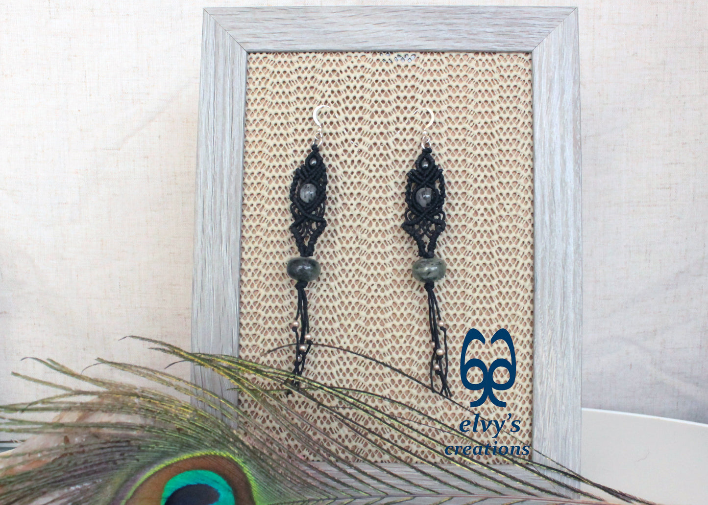 Black Macrame Beaded Dangle Earrings with Green Agate, Crystal Quartz and Hematite Natural Gemstones for Women Jewelry Boho Earrings