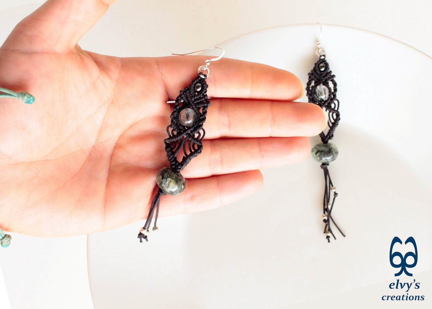 Black Macrame Beaded Dangle Earrings with Green Agate, Crystal Quartz and Hematite Natural Gemstones for Women Jewelry Boho Earrings