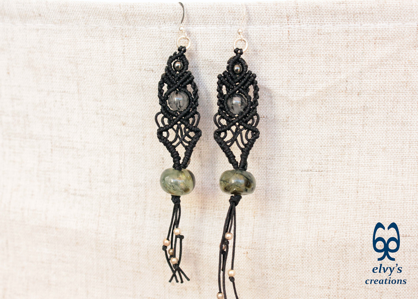 Black Macrame Beaded Dangle Earrings with Green Agate, Crystal Quartz and Hematite Natural Gemstones for Women Jewelry Boho Earrings