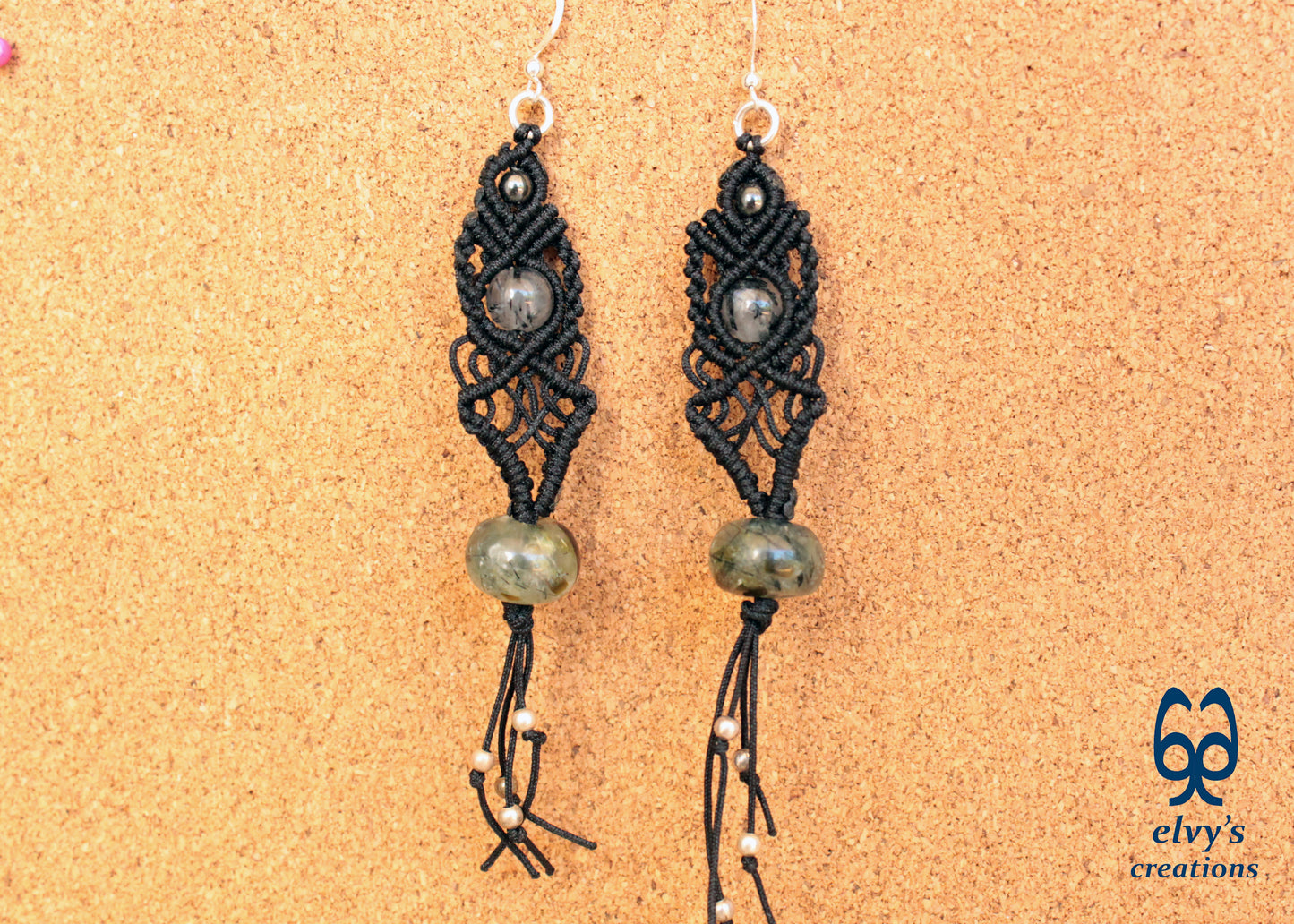 Black Macrame Beaded Dangle Earrings with Green Agate, Crystal Quartz and Hematite Natural Gemstones for Women Jewelry Boho Earrings