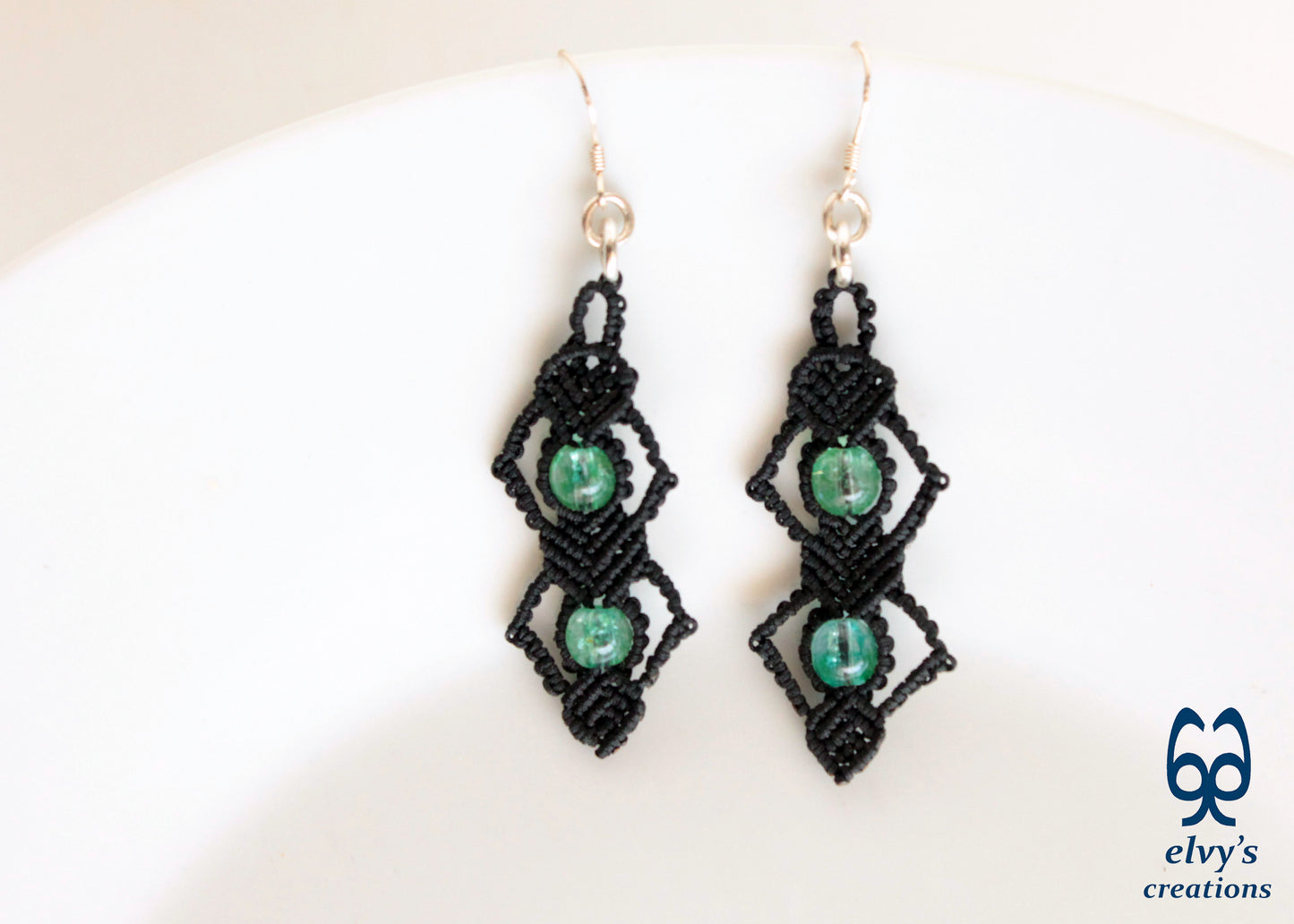 Silver Macrame Beaded Earrings,Fluorite Gemstone Dangle Earrings, Birthday Gift for Women