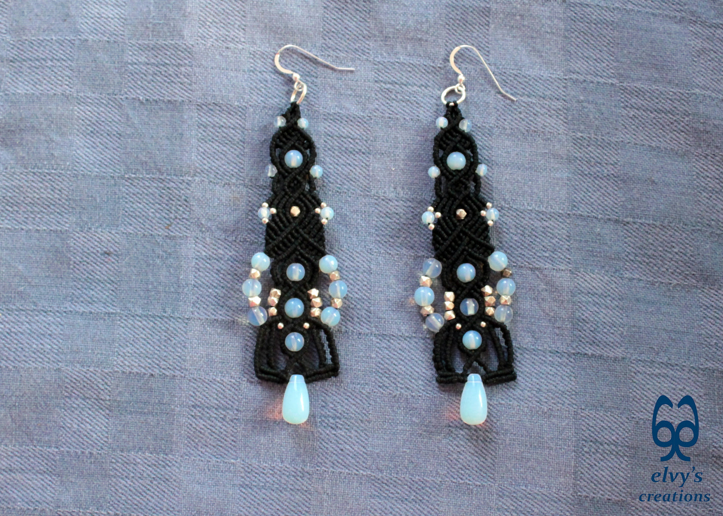 Moonstone Macrame Earrings, Silver Beaded Gemstone Earrings, Gift for Women