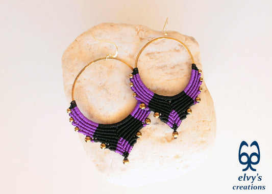 Handmade Gold Macrame Earrings, Dangle Hematite Gemstone Beads Earrings, Birthday Gift for Women