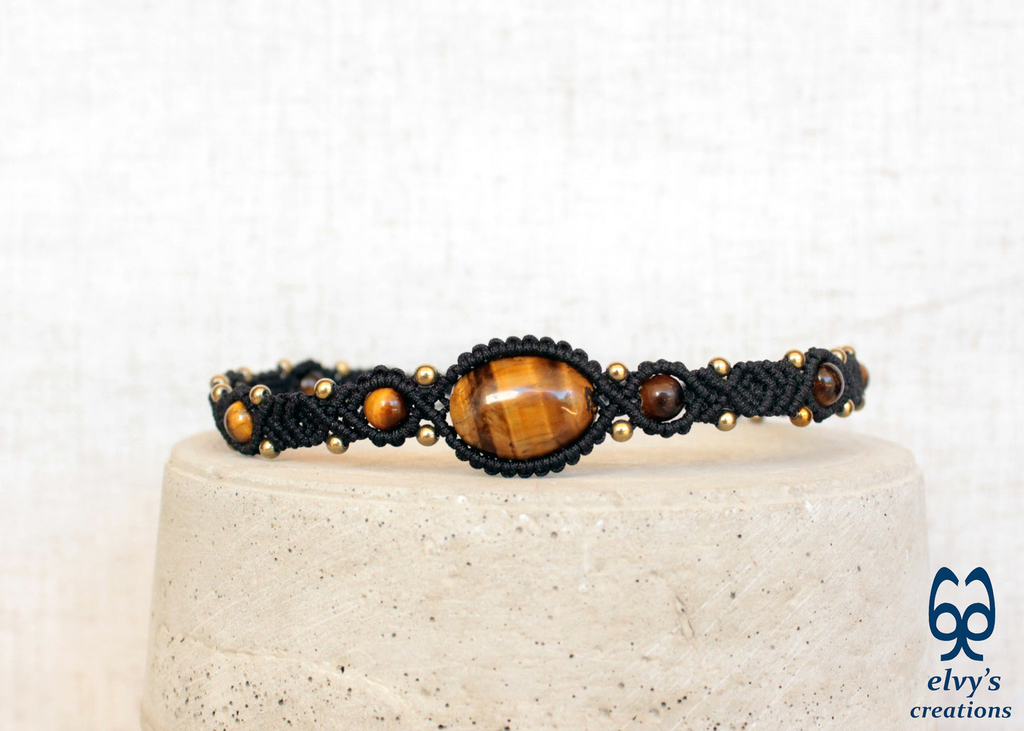 Black Macrame Necklace Adjustable Handcraft Choker With Tiger Eye and Hematite Gemstones