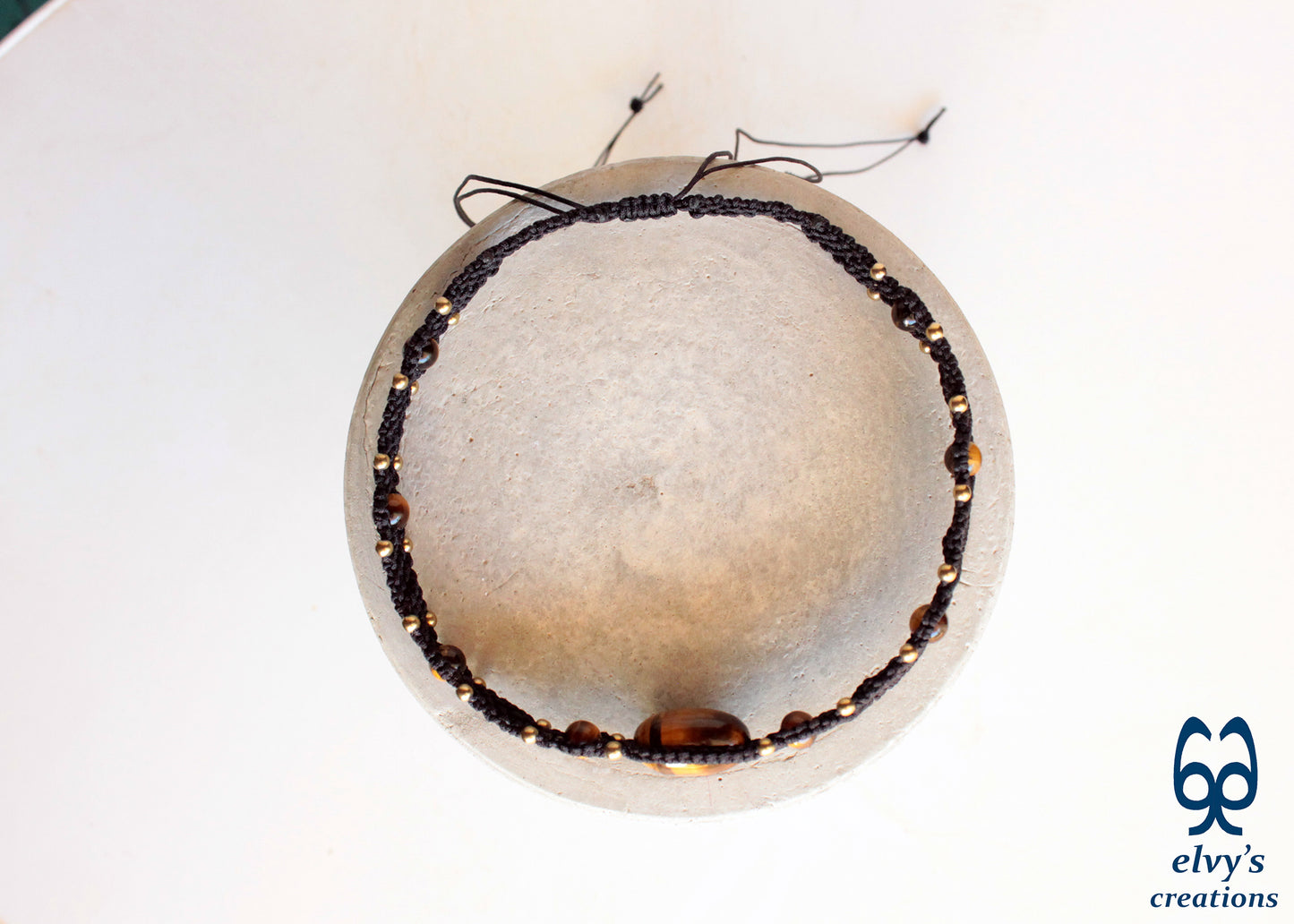Black Macrame Necklace Adjustable Handcraft Choker With Tiger Eye and Hematite Gemstones