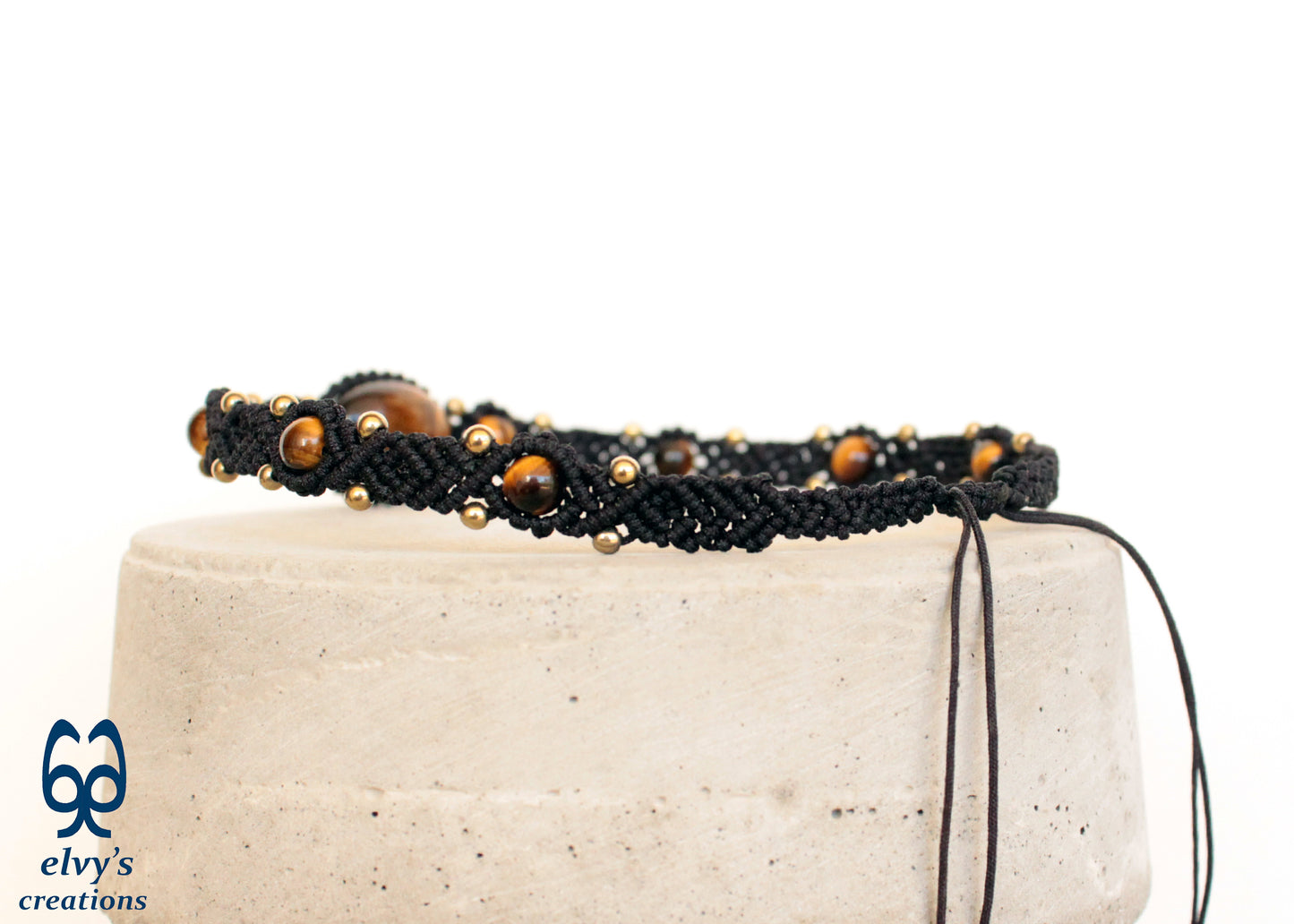 Black Macrame Necklace Adjustable Handcraft Choker With Tiger Eye and Hematite Gemstones