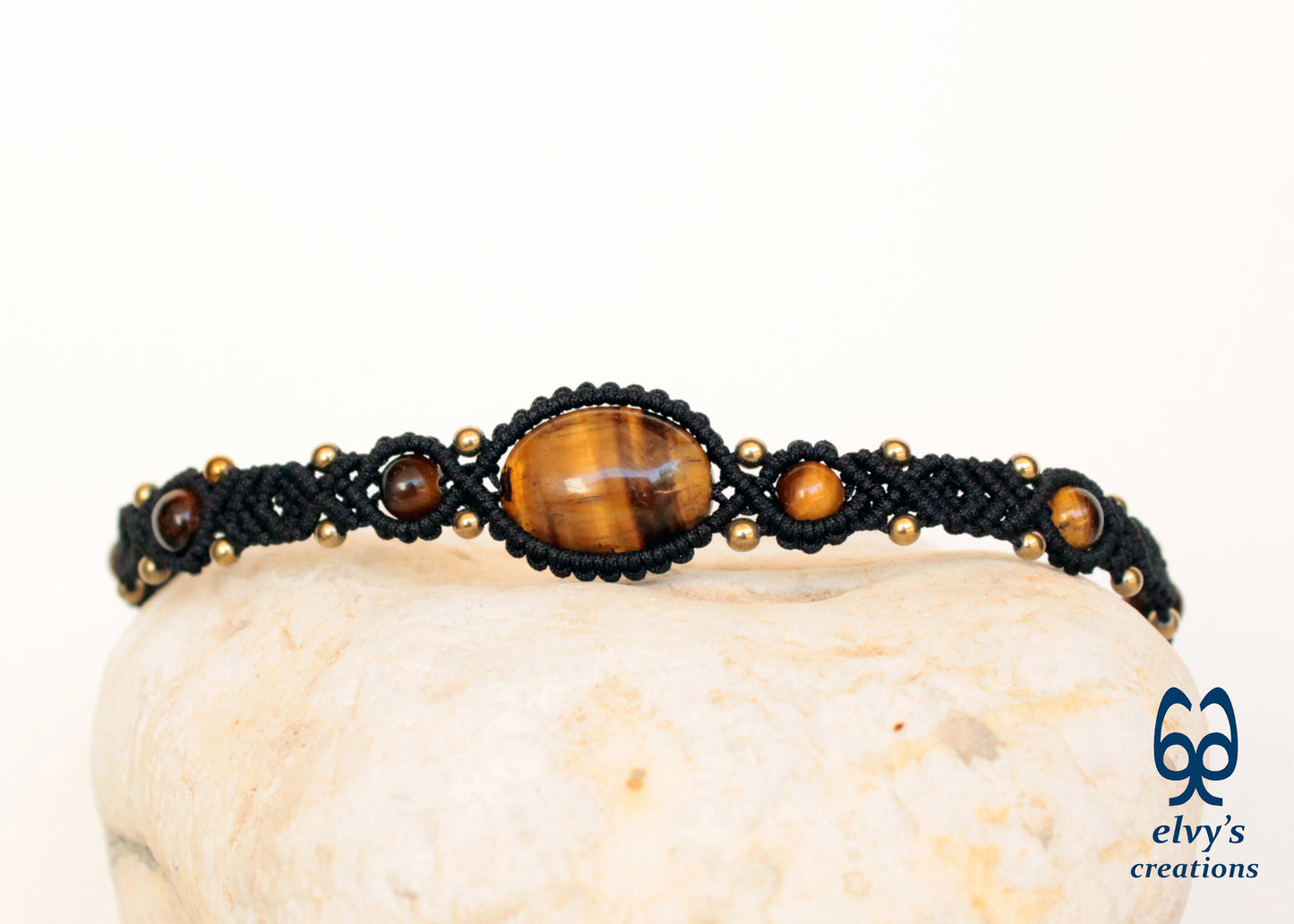 Black Macrame Necklace Adjustable Handcraft Choker With Tiger Eye and Hematite Gemstones