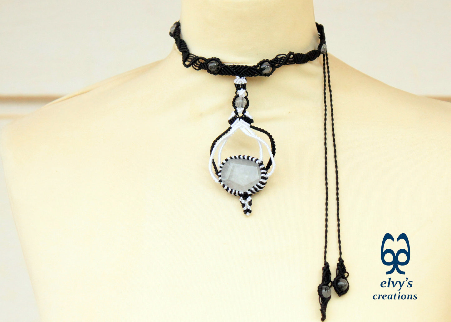 Black Macrame Choker Necklace White Quartz Crystal Macrame Necklace for Women Birthday Gift