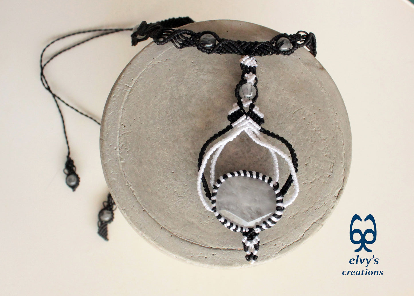 Black Macrame Choker Necklace White Quartz Crystal Macrame Necklace for Women Birthday Gift