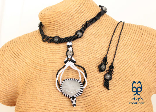Black Macrame Choker Necklace White Quartz Crystal Macrame Necklace for Women Birthday Gift