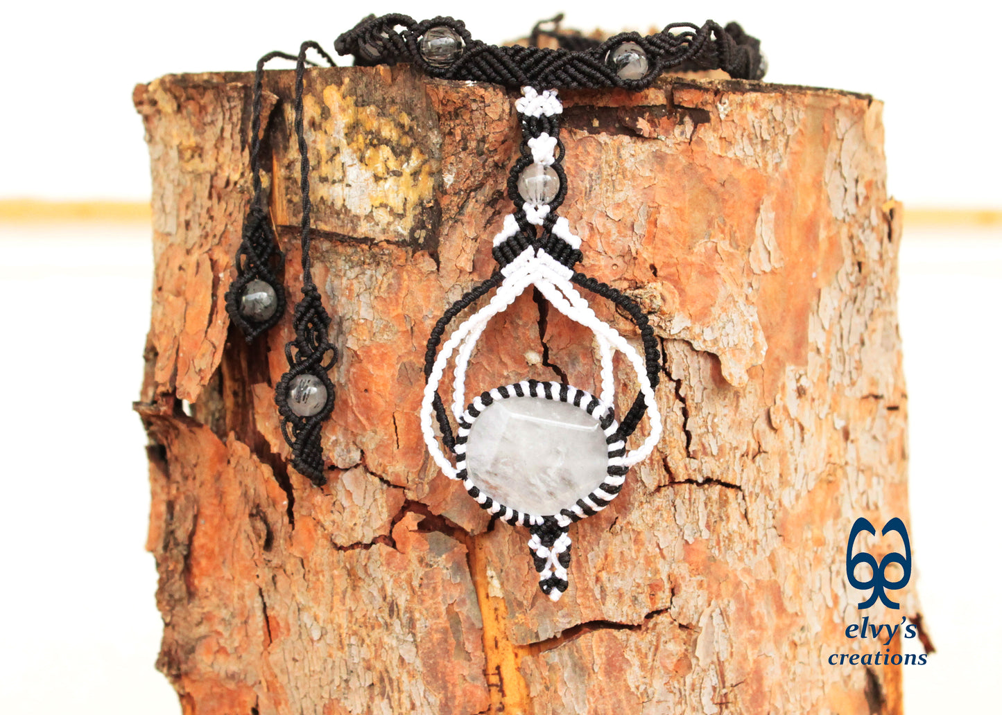 Black Macrame Choker Necklace White Quartz Crystal Macrame Necklace for Women Birthday Gift