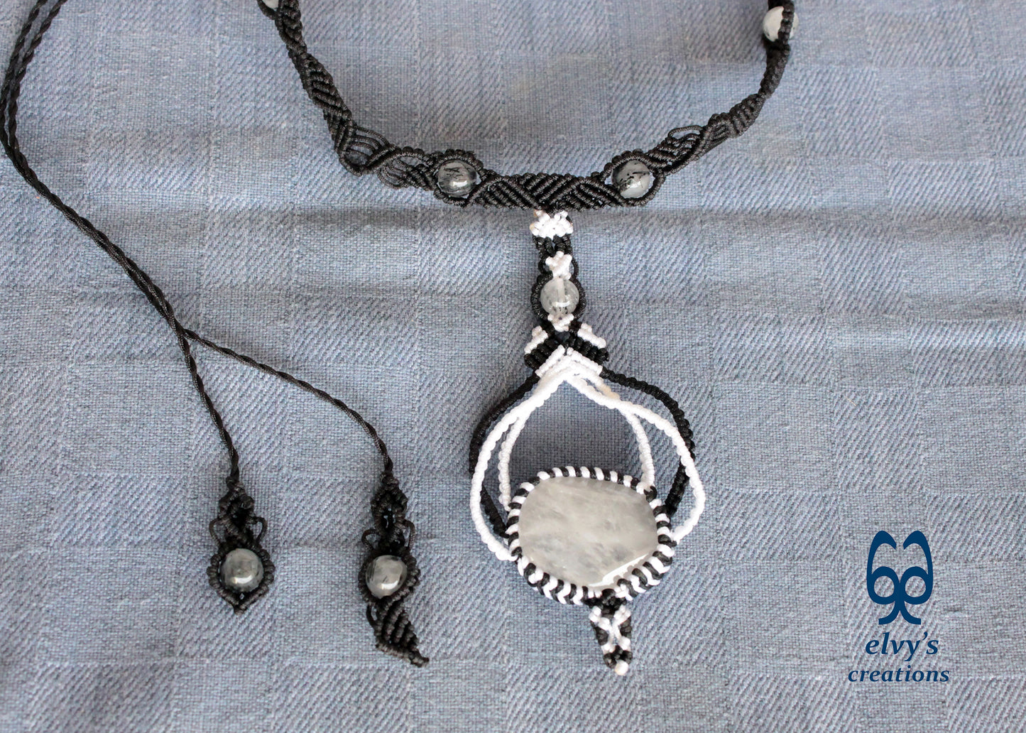 Black Macrame Choker Necklace White Quartz Crystal Macrame Necklace for Women Birthday Gift