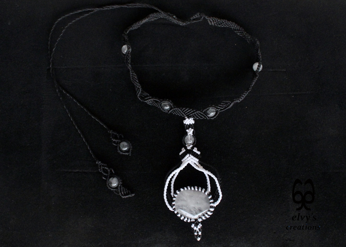 Black Macrame Choker Necklace White Quartz Crystal Macrame Necklace for Women Birthday Gift