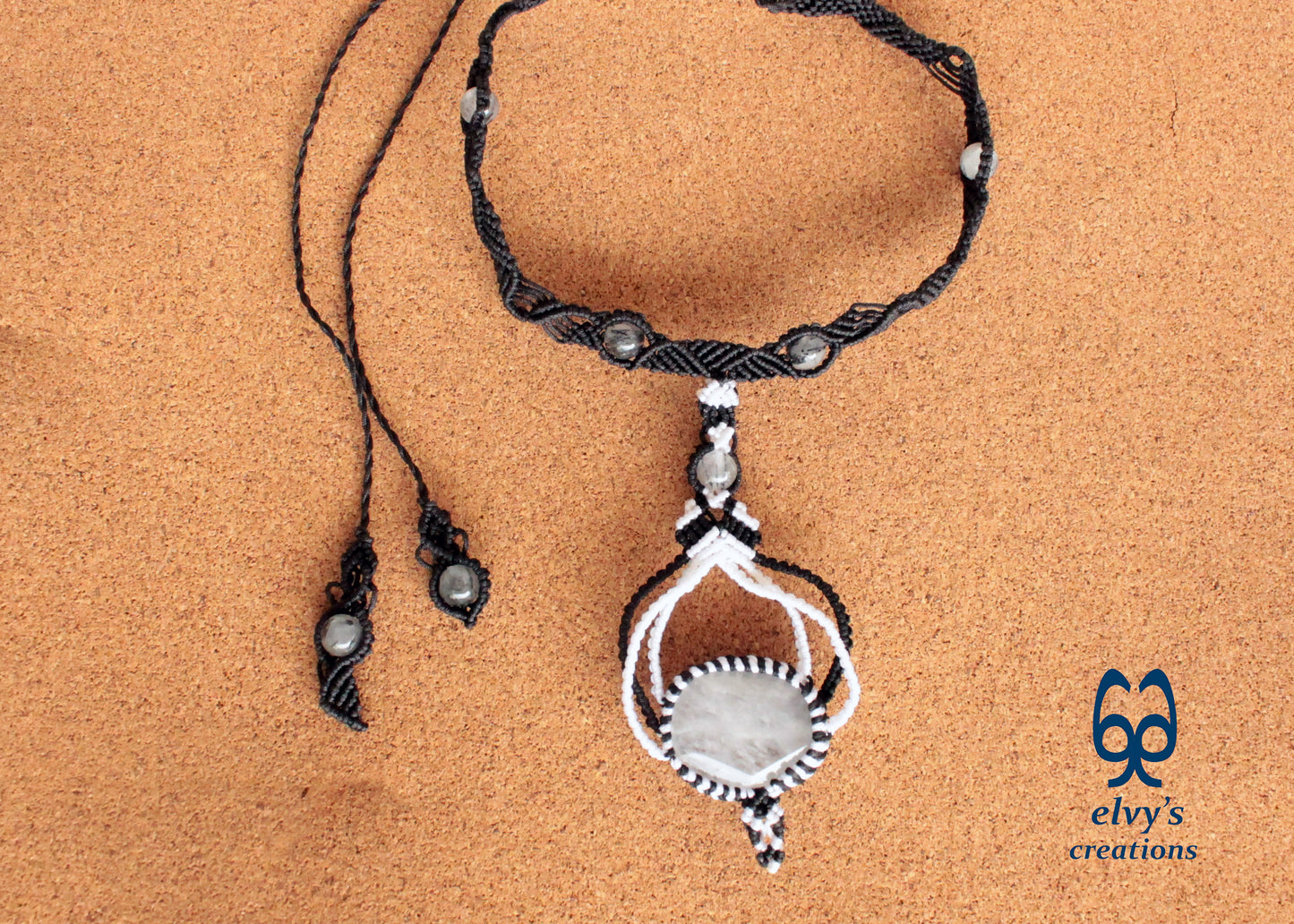 Black Macrame Choker Necklace White Quartz Crystal Macrame Necklace for Women Birthday Gift