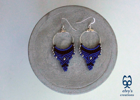 Blue and Black Macrame Earrings Hematite Gemstones Hoop Earrings